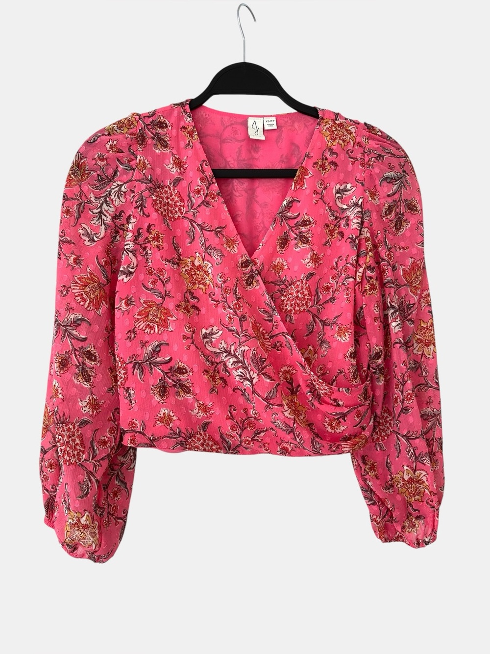 Joie Pink Floral Faux Wrap Crop Top XS Long Sleeve Smocked Waist Boho